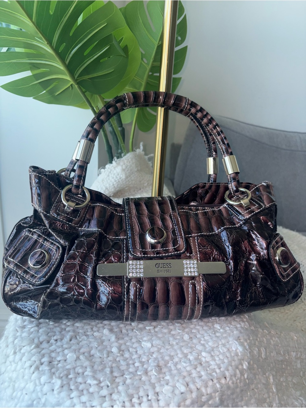 Vintage Y2K Guess Chocolate Brown Croc Patent Rhinestone Satchel Shoulder Bag